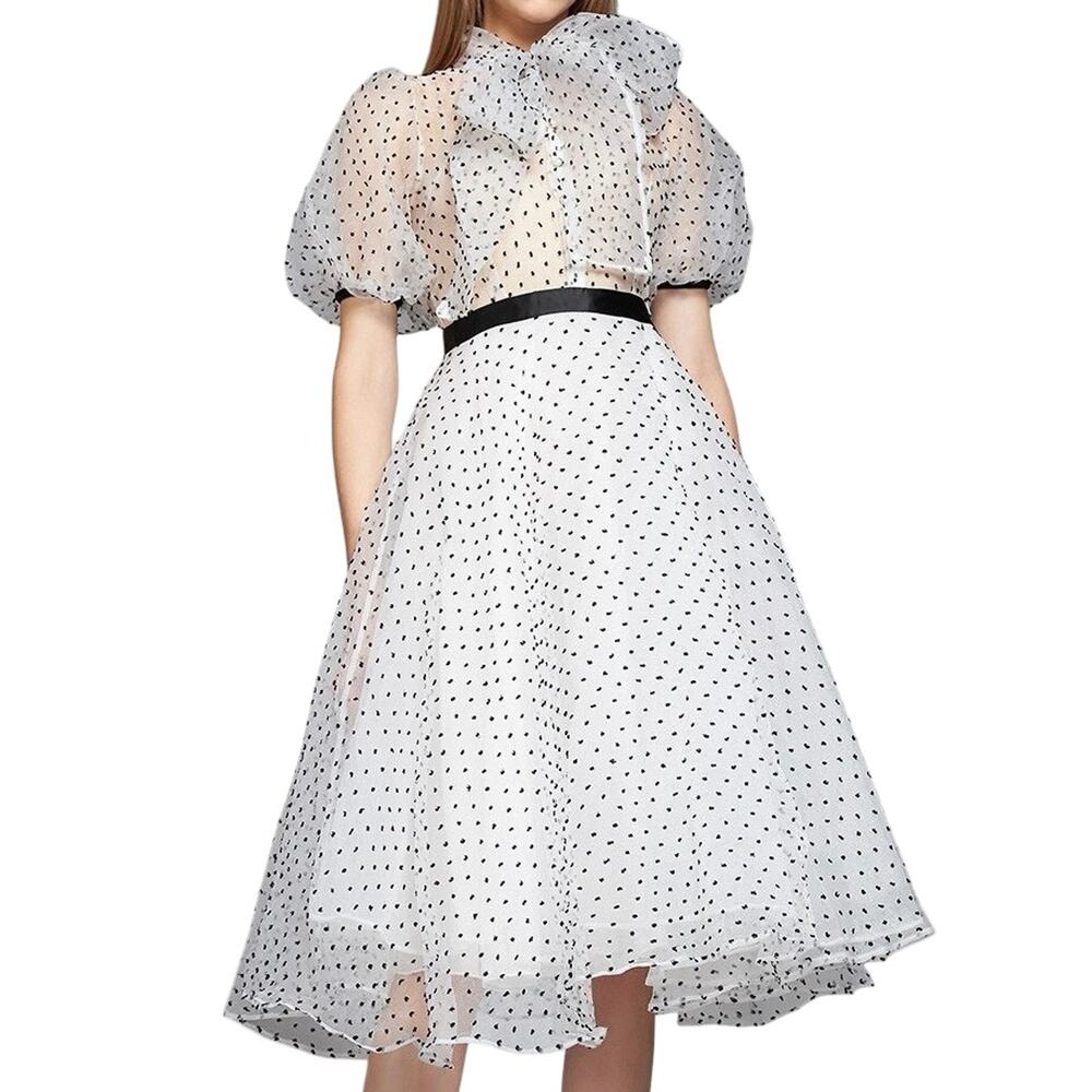 White Black Polka Dot Tulle Organza Vintage-Inspired Midi Dress Bow 50s - Sz M